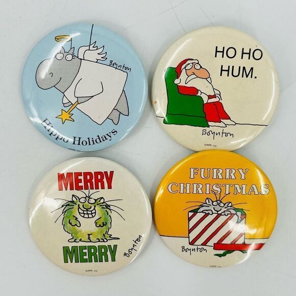 SANDRA BOYNTON Button Pin Lot! Hippo Holidays Furry Christmas HO HO Hum Merry - Picture 1 of 7